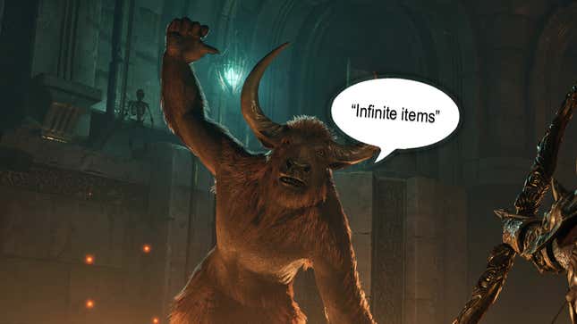 A Minotaur gestures to their head while saying that they have infinite items.