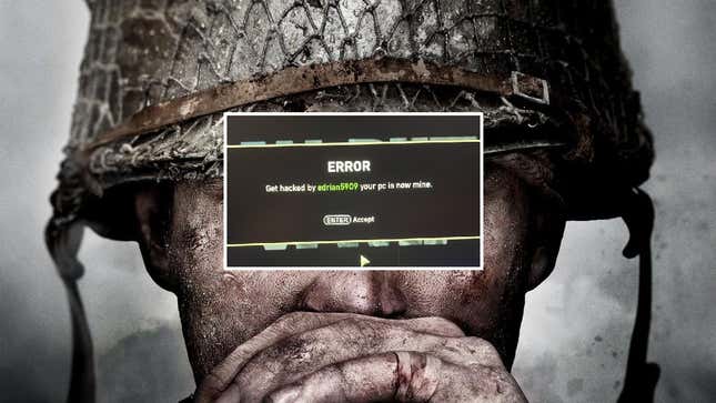 A screenshot shows a WW2 fighter with an error message over his face. 