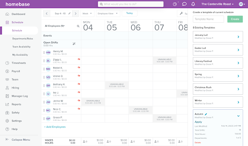 Homebase lets you save your best schedules into a template library that you can easily access from the dropdown menu