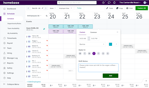 Use Homebase to create a list of shifts