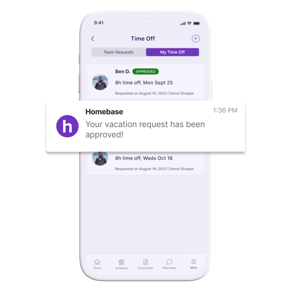 Employee view of paid time off request approval alert