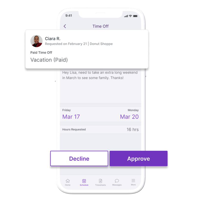 Employer view of approving paid time off request