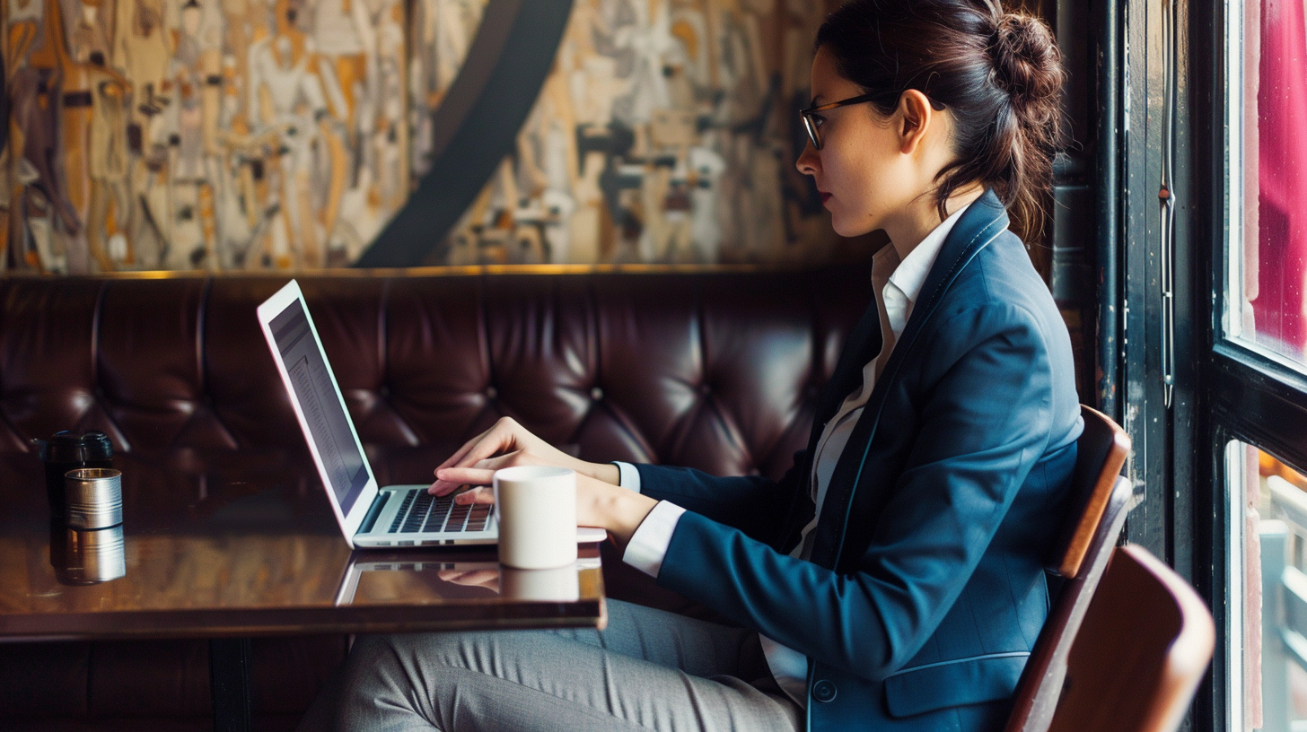 Woman at desk in cafe calculating total income